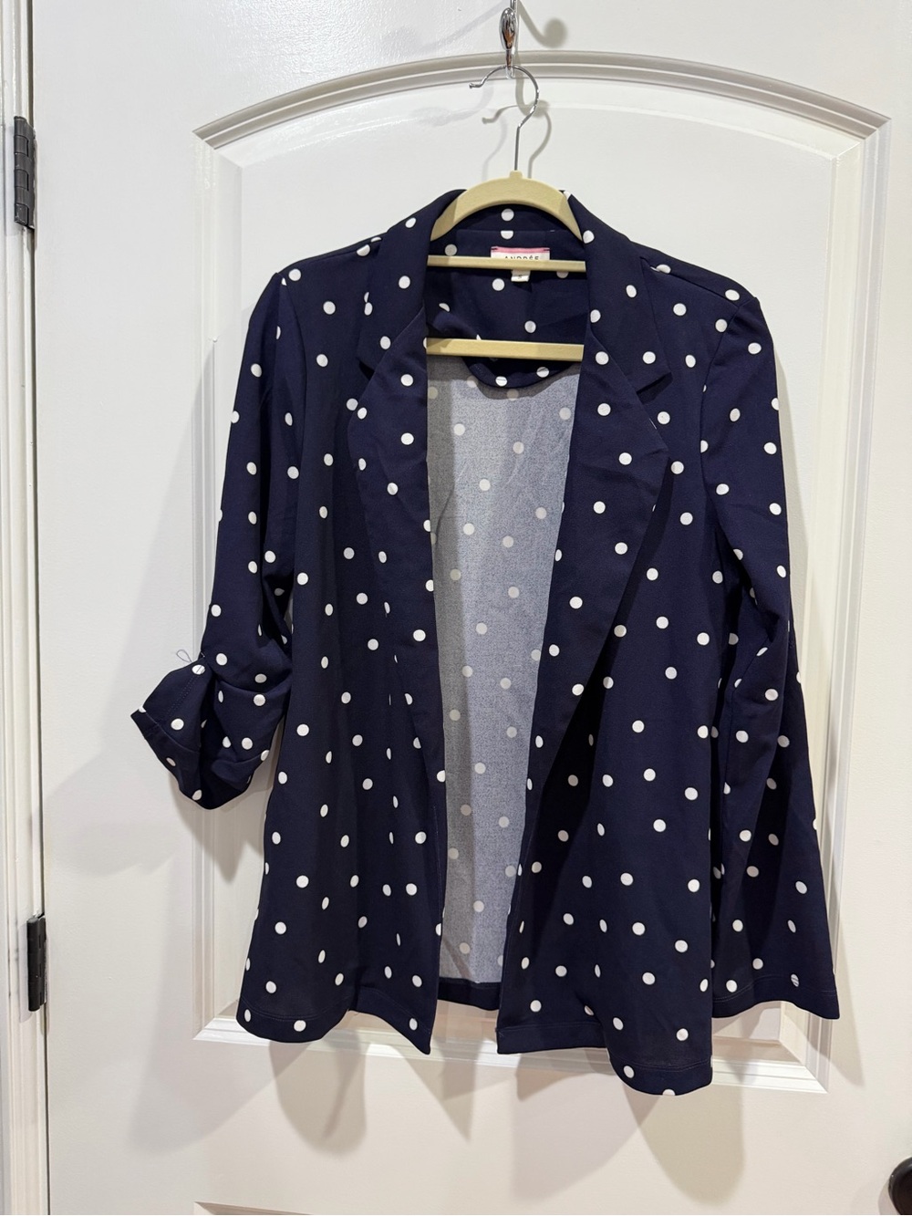 ANDREE BY UNIT Navy and White Polka Dot Open-Front Blazer